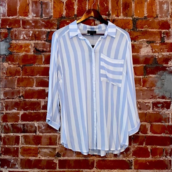 Tops - Striped Blue and White top with Front Pocket.